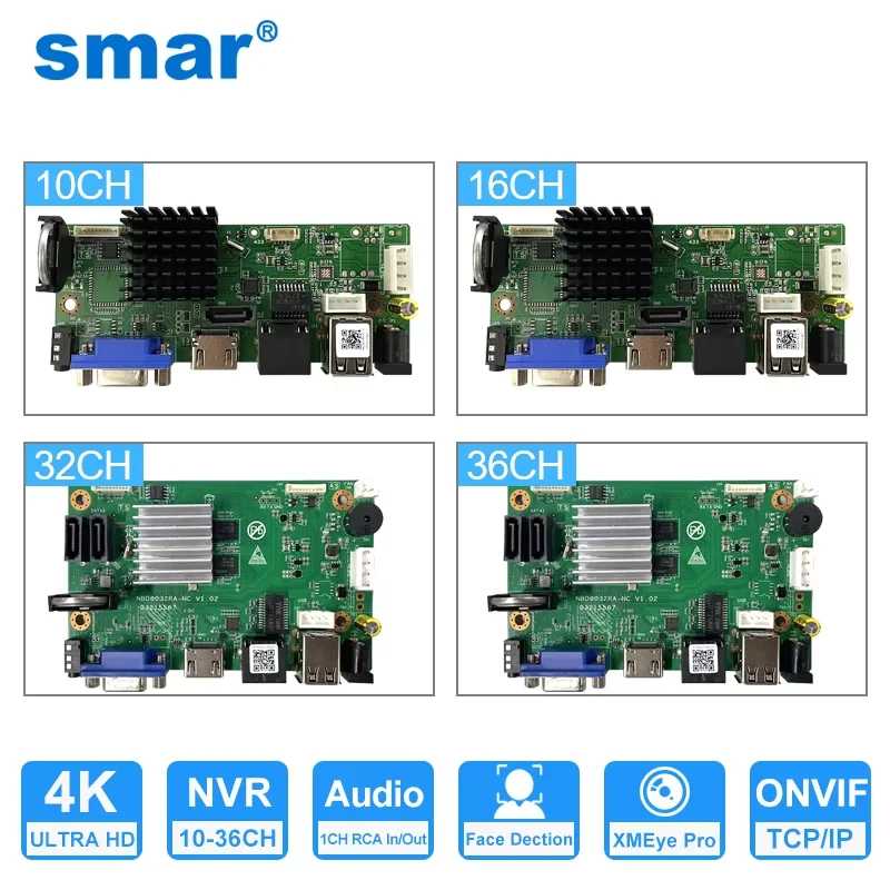 Smar CCTV 9CH 10CH 16CH 32CH 4K NVR Материнская плата H.265 + сетевой видеорегистратор для 5-мегапиксельной 8-мегапиксельной IP-камеры Поддержка распознавания лиц ONVIF Видеонаблюдение