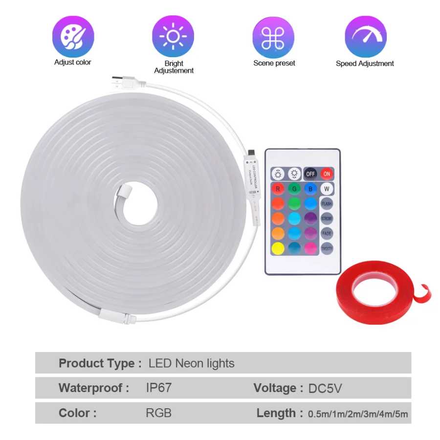 Фотография №1 товара 5V RGB Led Neon Strip Rope Light 24key Пульт дистанционного