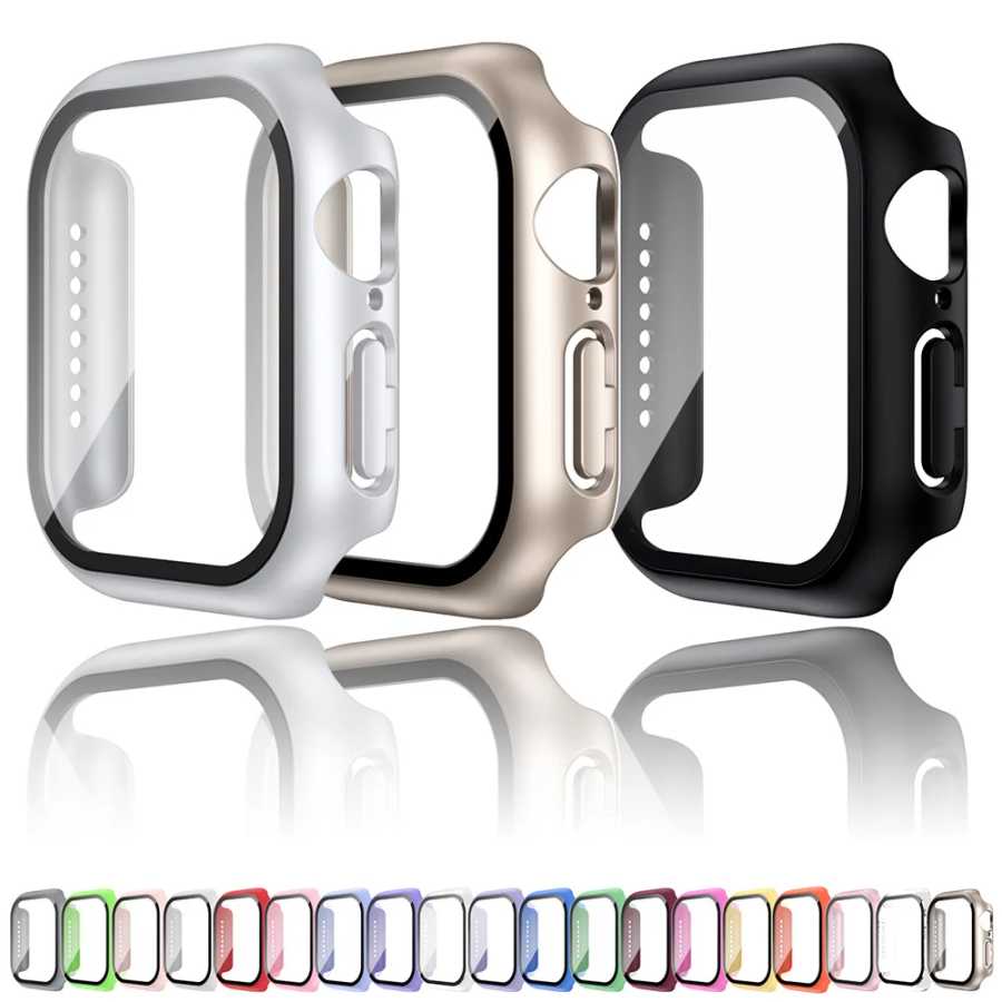 Закаленное стекло + чехол для Apple Watch 38 мм 40 мм 41 мм 42 мм 44 мм 45 мм 46 мм Защитная пленка для экрана iWatch 10 8 7 9 6 SE 5 Аксессуары для часов