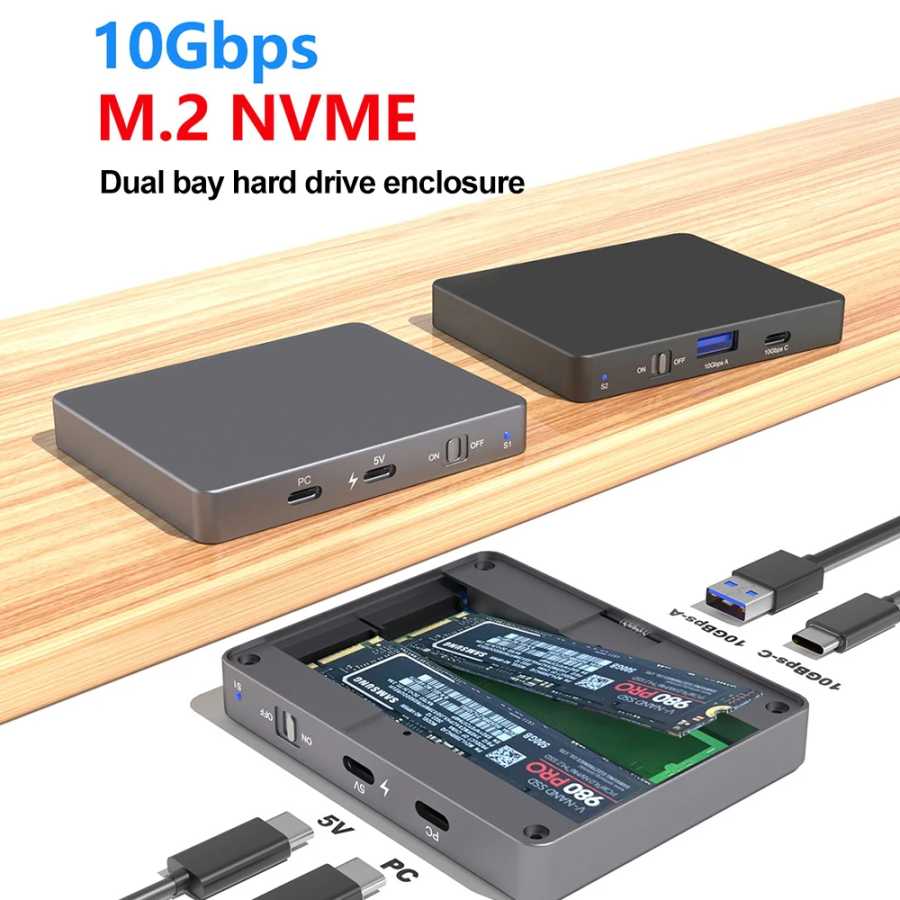 Корпус с двумя отсеками NVMe SATA SSD M.2 Dual NVMe Корпус для жесткого диска 10 Гбит/с USB C 3.2 GEN2 Адаптер для внешнего жесткого диска Хранение данных