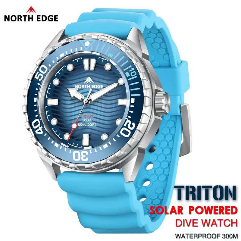 Мужские часы NORTH EDGE 2025 New TRITON Solar Powered Dive Watch &mdash; роскошные кварцевые часы с солнечной батареей, корпус из нержавеющей стали 316L, водонепроницаемые до 300 м. Мужские часы