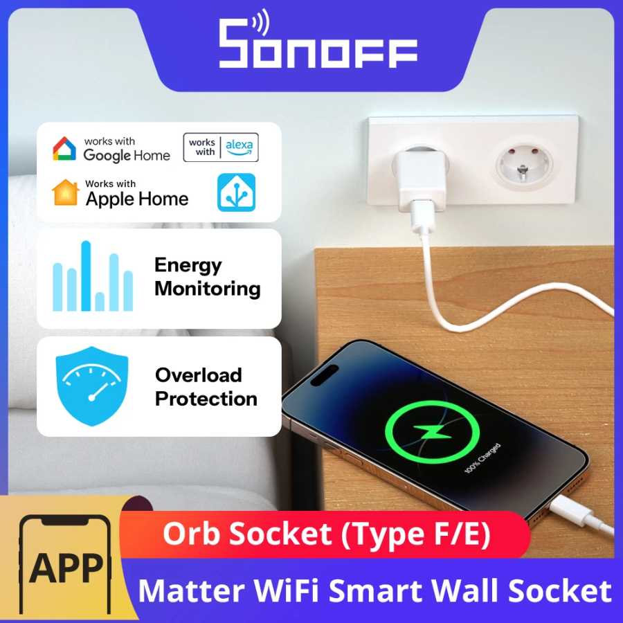 Умная настенная розетка SONOFF Orb (тип F/тип E) с поддержкой Matter через Wi-Fi (ЕС), мониторинг энергопотребления, отслеживание счетов за электроэнергию, защита от перегрузки 