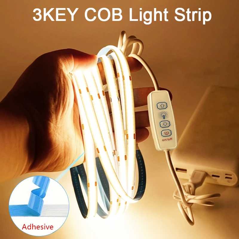 5V USB COB Светодиодные ленты с 3-клавишным диммером Гибкая диодная лента Белый Теплый белый для комнаты ТВ Зеркало Подсветка шкафа Свет Светодиодная подсветка