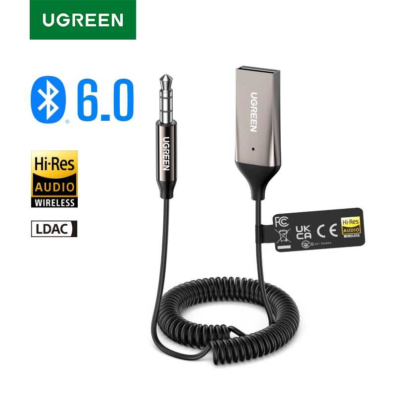 UGREEN Bluetooth 5.3 Адаптер громкой связи Bluetooth 3,5 мм AUX Музыкальная навигация Потоковое микрофон для звонков Автомобиль Портативное аудио и видео