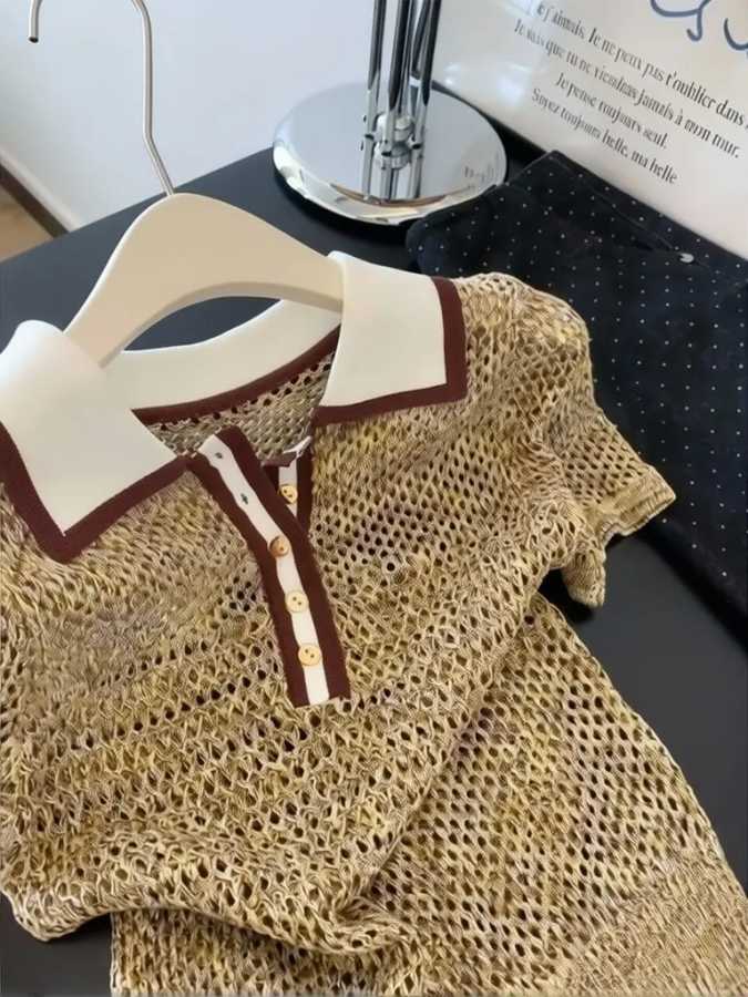 Винтажная блестящая трикотажная футболка с коротким рукавом в стиле 2000-х годов, женская, с воротником-поло, летний топ, коричневая, ажурная, трикотажная, повседневная футболка для женщин Футболки и топы