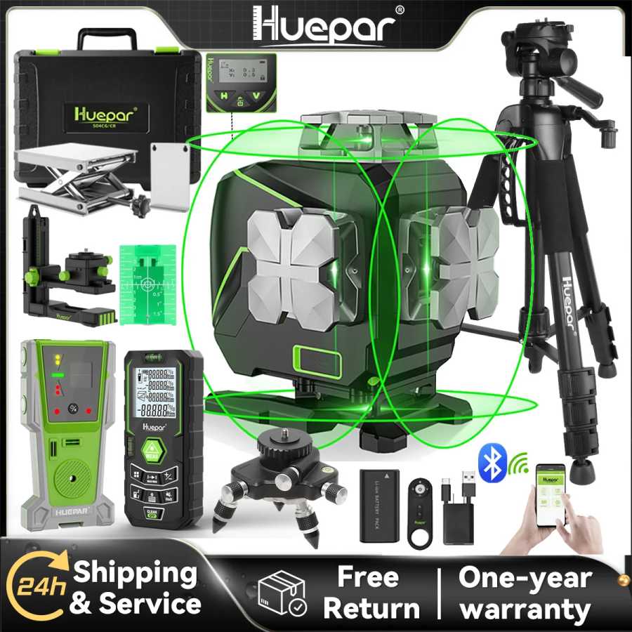 Huepar S04CG-C Набор 4D 16-линейный лазерный уровень с перекрестной линией ЖК-дисплей/Bluetooth/дистанционные лазерные инструменты с детектором, адаптером для штатива-дальномера Инструменты для измерения и анализа