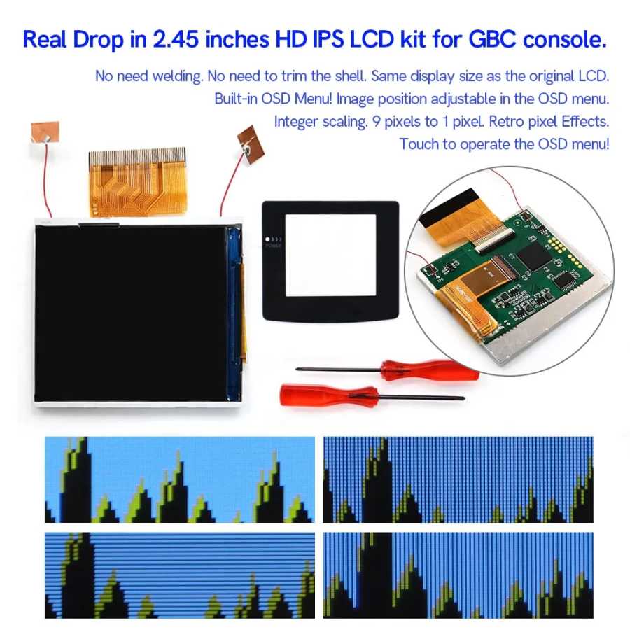 HISPEEDIDO Комплект для модификации GBC с IPS-экраном 2.45 дюйма с подсветкой, простая установка, эффект пикселей OSD для GBC Видеоигры и аксессуары