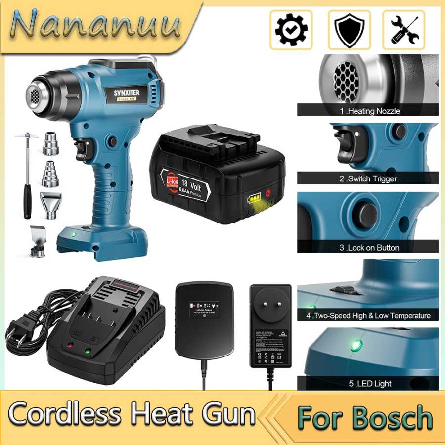 Ручной фен Nananuu, беспроводной температурный пистолет для аккумулятора Bosch 18 В, электрический тепловой пистолет с 4 насадками для термоусадочной пленки Электрические инструменты