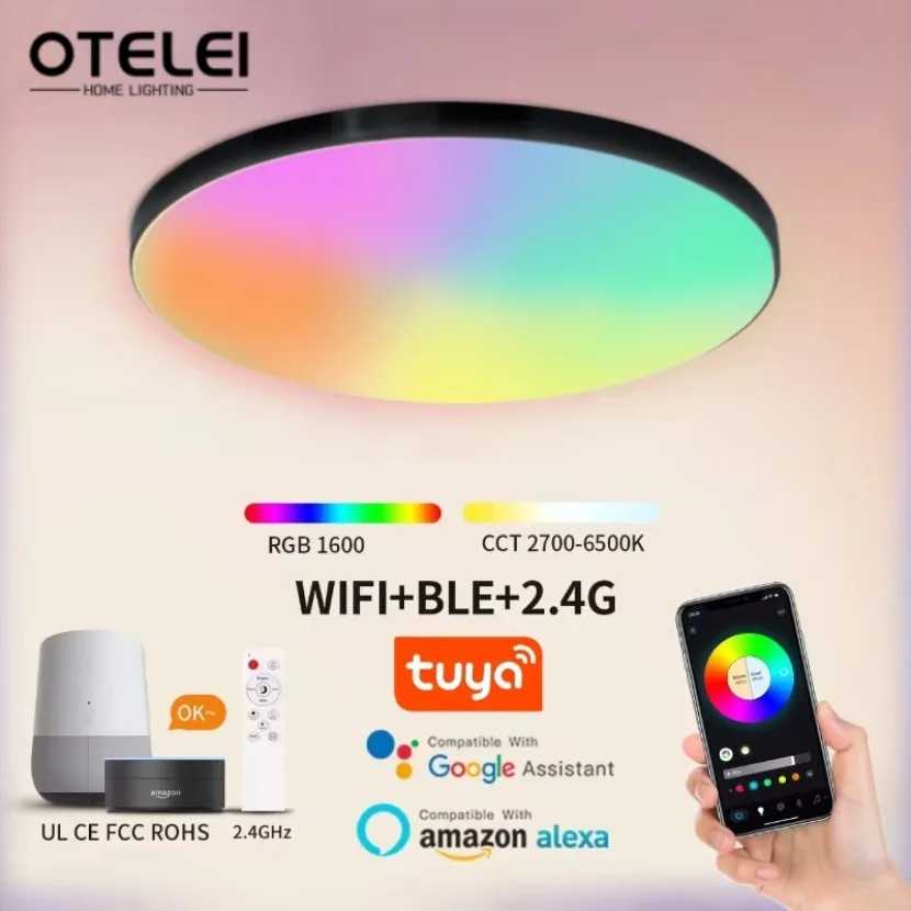 Tuya Smart WiFi Потолочный светильник Приложение Дистанционное управление Alexa Google Голосовое управление RGB Атмосфера Светодиодная лампа Спальня Декор комнаты Светильники Внутреннее освещение