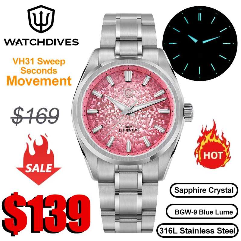 Мужские наручные часы Watchdives WD0003C с кварцевым механизмом VH31, секундной стрелкой с плавным ходом, циферблатом 38 мм с эффектом ледяных трещин, сапфировым стеклом, люминесцентными элементами, водонепроницаемостью до 100 м. Мужские часы