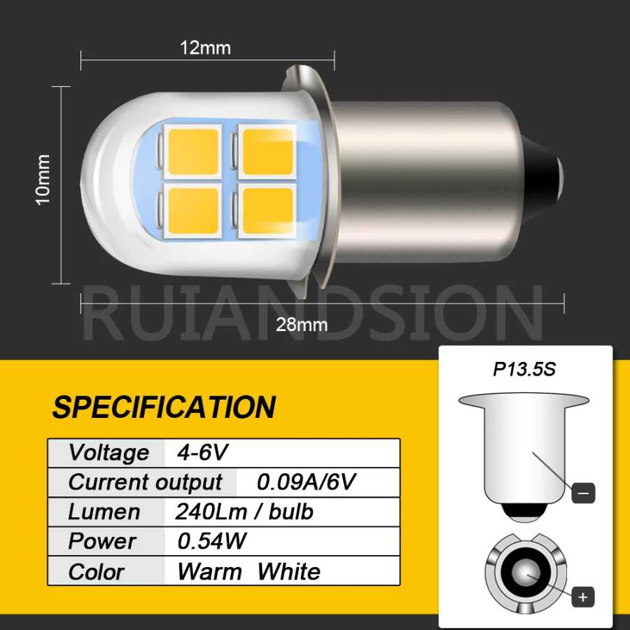 Фотография №5 товара Универсальная сменная светодиодная лампа Ruiandsion E10 P13.5S (4-6В, чип 2835)