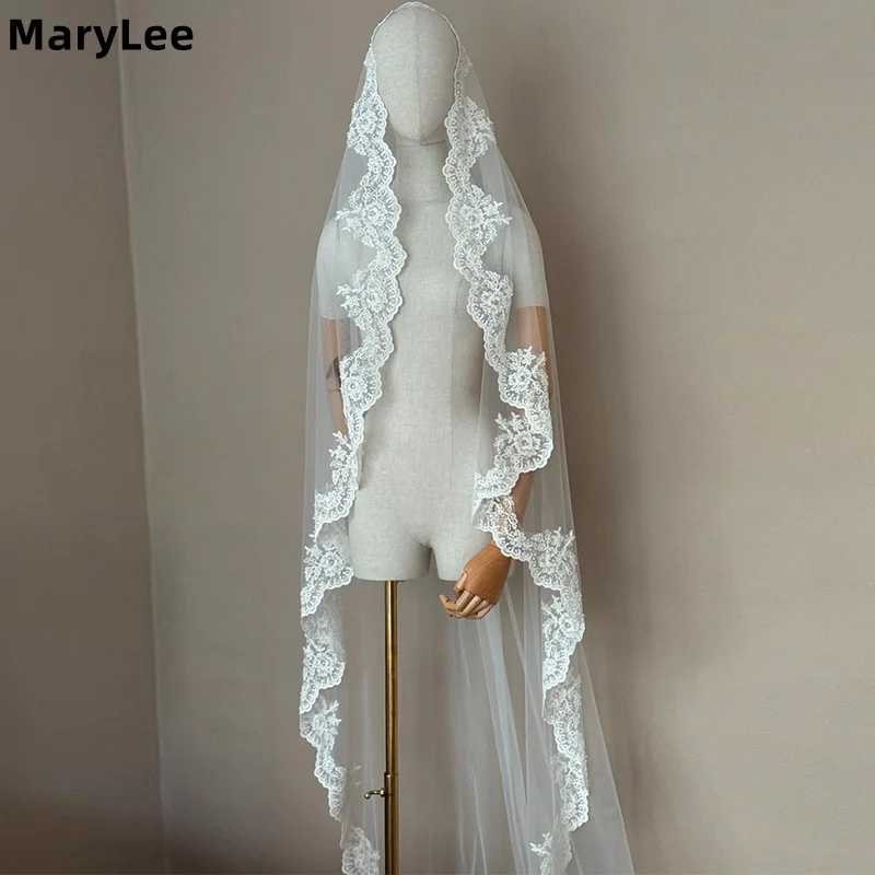 Свадебная фата Mantilla с кружевным краем по индивидуальному заказу, одноуровневая длинная фата из мягкого тюля для невесты, свадебные аксессуары цвета слоновой кости, свадебная фата часовни Свадебные аксессуары