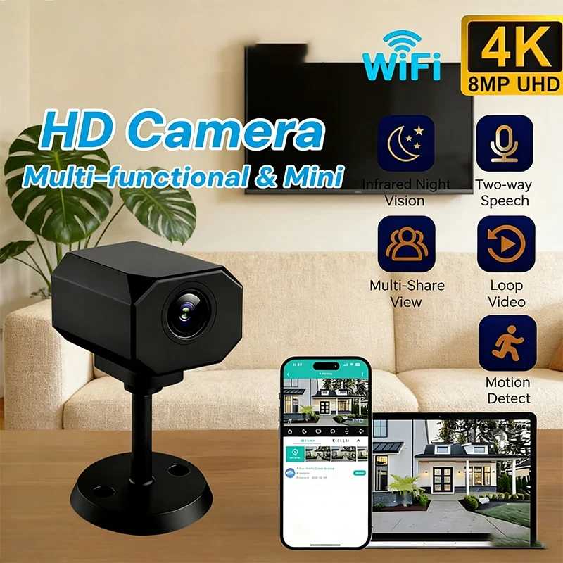 4K HD Wi-Fi камера безопасности для дома, мини-умное внутреннее IP-наблюдение с дистанционным мониторингом через приложение, портативный дизайн 2026 Видеонаблюдение