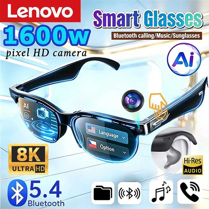 Умные очки Lenovo XG88 PRO AI для перевода речи, беспроводные Bluetooth-очки с микрофоном и наушниками, спортивные солнцезащитные очки Умная электроника