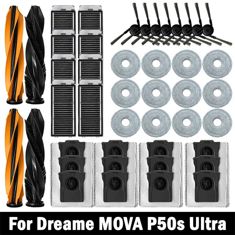 Аксессуары для робота-пылесоса Dreame MOVA P50s Ultra: основная и боковые щетки, салфетки для влажной уборки, HEPA-фильтры, мешки для сбора пыли, запасные части. Запчасти для бытовой техники