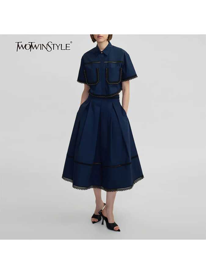 TWOTWINSTYLE однотонные комплекты из двух предметов для женщин, топы с короткими рукавами и лацканами, юбка трапециевидной формы с высокой талией, комплекты для похудения, женский модный стиль Одинаковая Комплекты