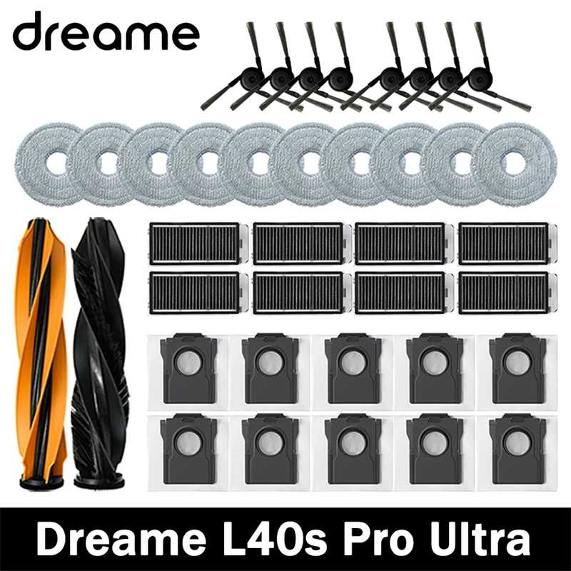 Запасные части для робота-пылесоса Dreame L40s Pro Ultra: основная и боковые щетки, HEPA-фильтр, салфетки для влажной уборки, мешки для сбора пыли. Запчасти для бытовой техники