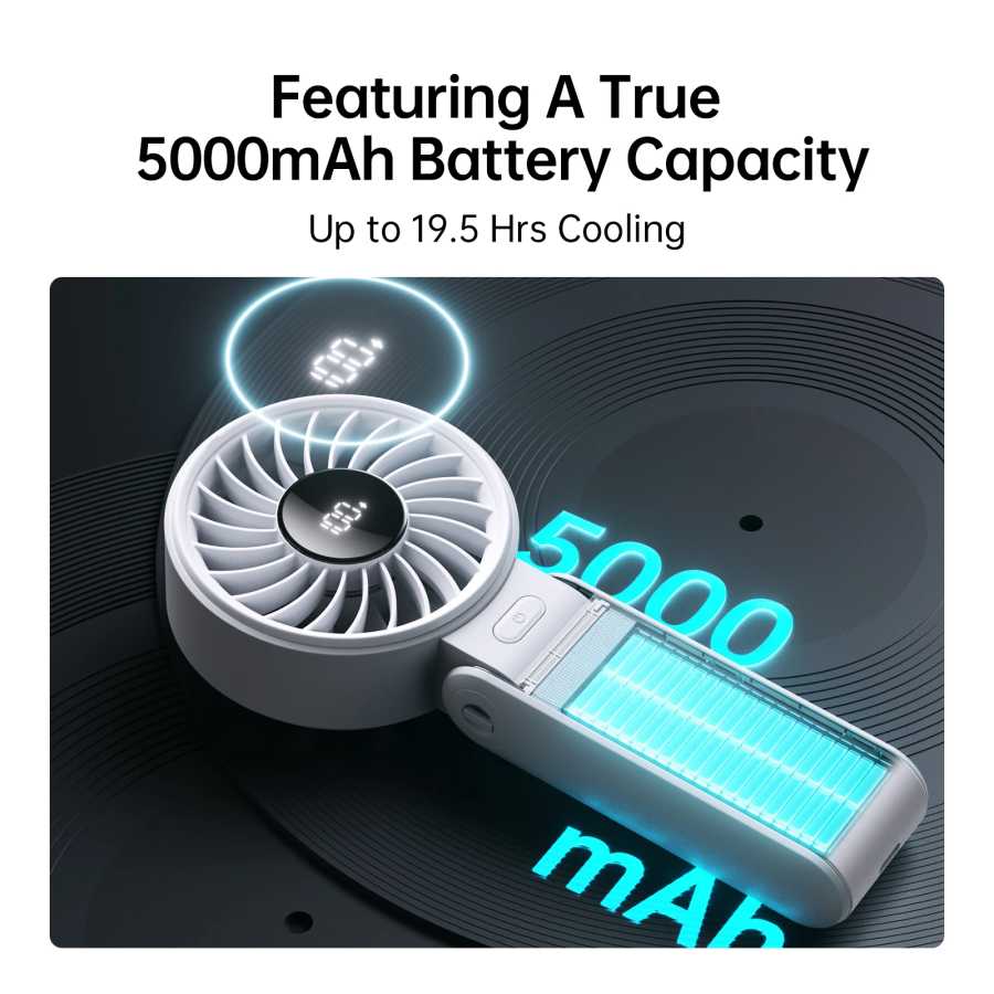 Фотография №1 товара Портативный ручной вентилятор JISULIFE с LED-дисплеем, 5 скоростей, 5000 мАч,