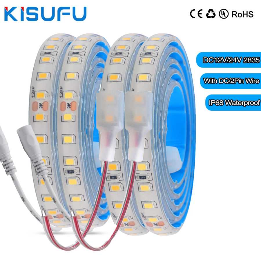 Водонепроницаемая светодиодная лента IP68 2835 12В 24В 120LED/м с 2-контактным проводом/разъемом DC, гибкая клейкая лента 3000K/4500K/6000K 1М-20М Светодиодная подсветка