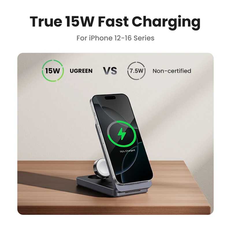 Фотография №3 товара UGREEN MFi 3-в-1 15 Вт MAX Магнитная подставка для беспроводного