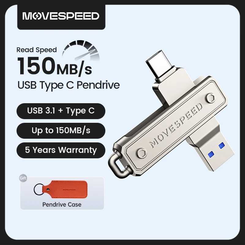 Флэш-накопитель MOVESPEED 150 МБ/ USB Type C, 64 ГБ, 128 ГБ, 256 ГБ, 512 ГБ, OTG USB 3,1 для Macbook, iPhone 15/16, ноутбуков, ПК Хранение данных