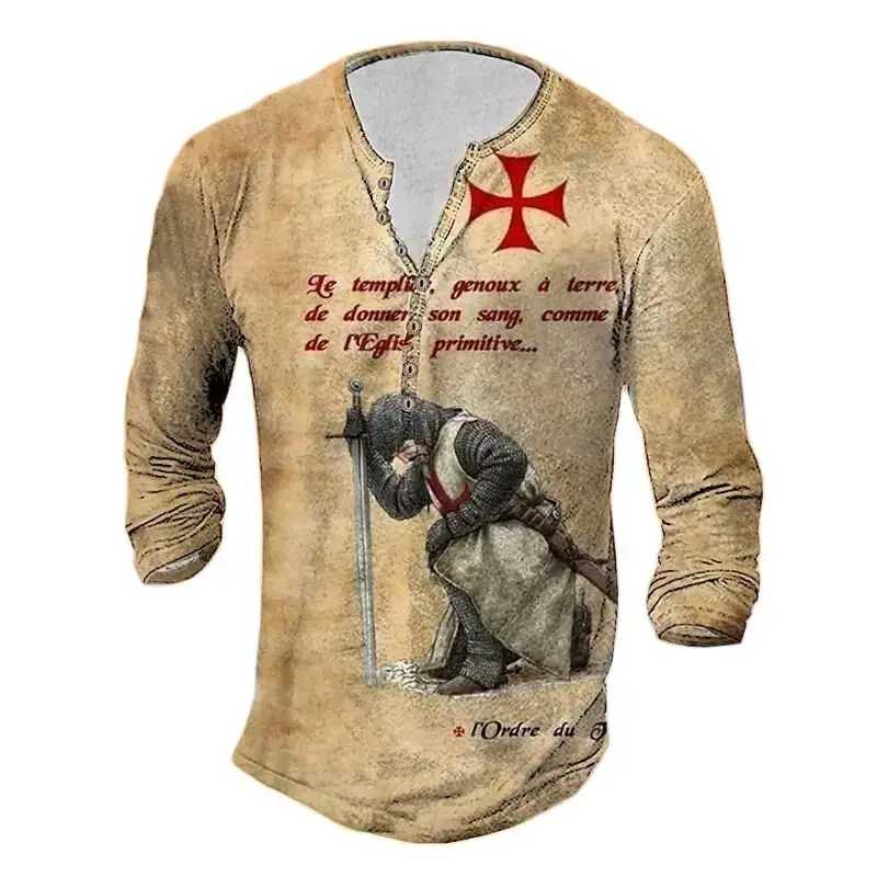 Фотография №2 товара Винтажная мужская футболка с v-образным вырезом Henley 3D Cross Long