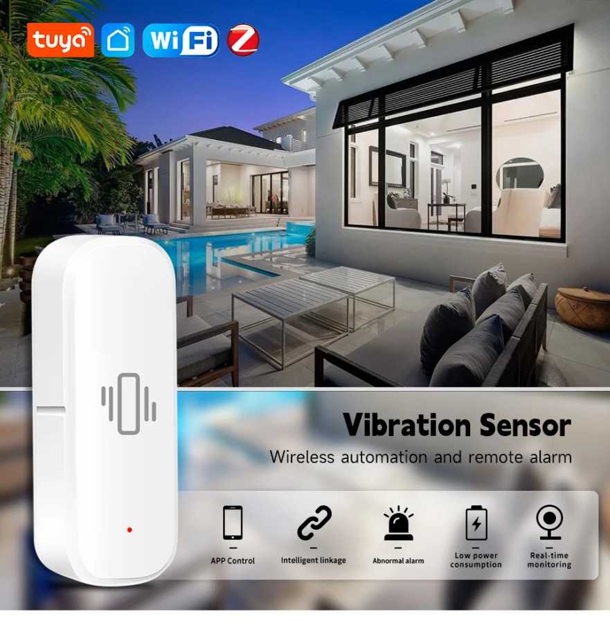 Tuya Smart Life Датчик вибрации ZigBee WiFi Датчик Tuya Монитор Управление приложением Безопасность Защита Датчик Zigbee Датчик движения ShockAlarm Доступ к автоматизации здания