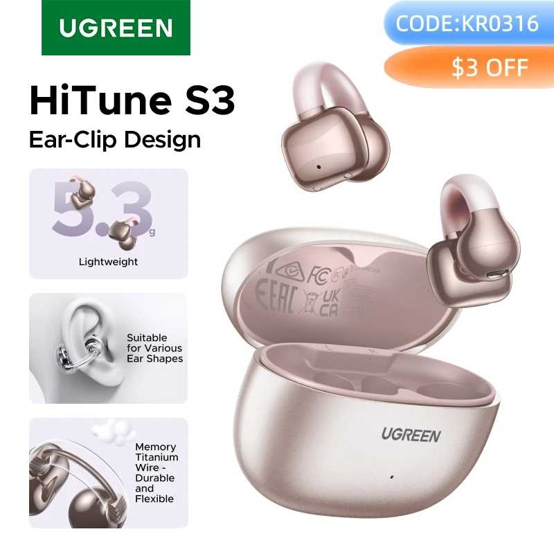 UGREEN Беспроводные наушники с открытым ухом, спортивные наушники Bluetooth, наушники с микрофоном, ушные крючки и ушные крючки Портативное аудио и видео