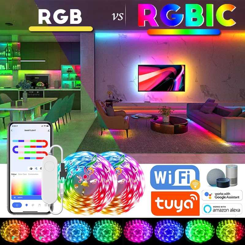 Светодиодные ленты Dreamcolor с синхронизацией музыки, 20 м, светодиодные фонари WIFI TUYA, работающие с Alexa 5 В, USB RGBIC, меняющие цвет окружающего освещения Светодиодная подсветка
