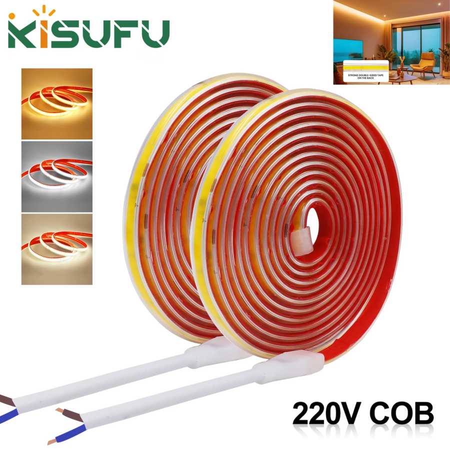 AC 220 В COB Strip 240 светодиодов/M IP65 Водонепроницаемая 3000K 4000K 6000K Гибкая лента Веревка Светодиодный светильник 10 см Самоклеящаяся диодная лента Светодиодная подсветка