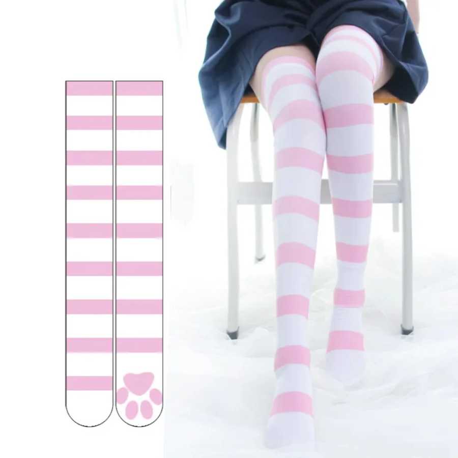 Розовые полоски Kawaii Cat Paw Print Чулки Лолита Готические бархатные гольфы в стиле Лолиты выше колена Высокие длинные чулки JK Женские носки и чулочные изделия