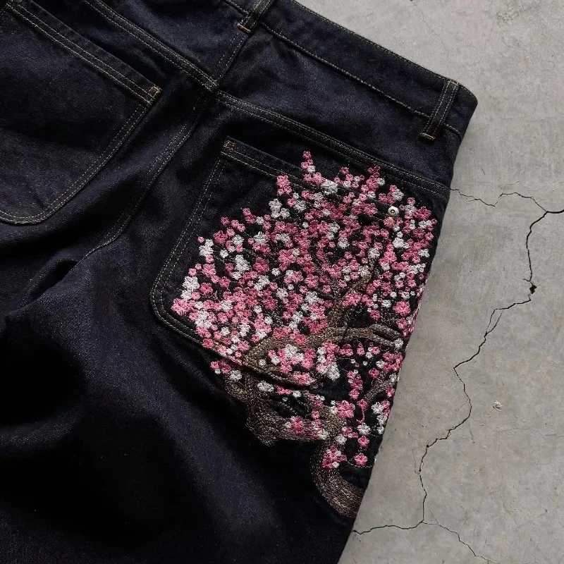 Y2K Мешковатые джинсы Cherry Blossom Selvedge Джинсовые брюки с вышивкой для мужчин и женщин Джинсовая ткань Американский хип-хоп Уличная одежда Широкие джинсы Деним (новый)