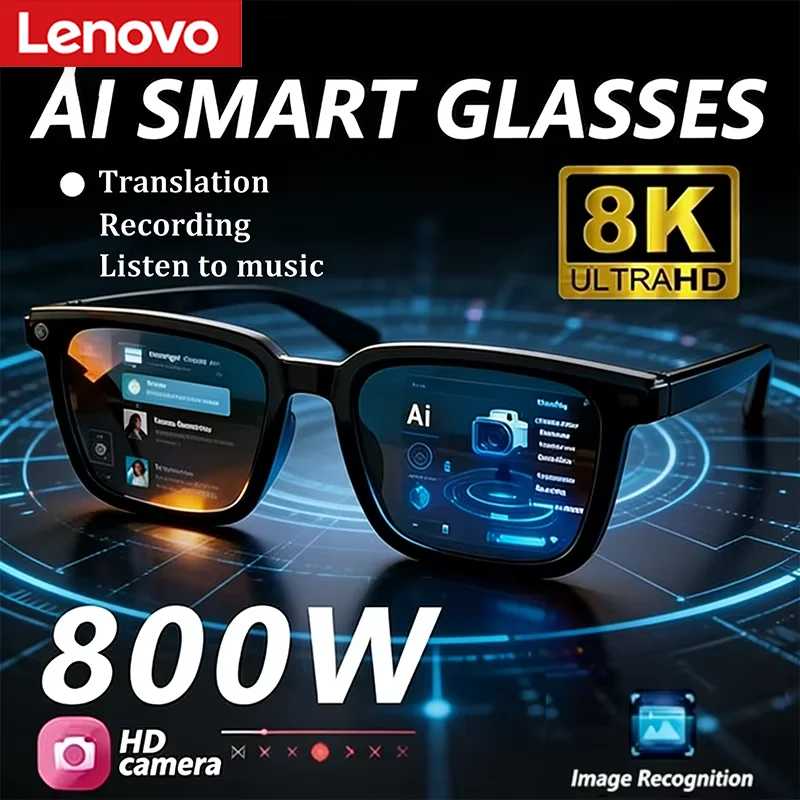 Умные AI-очки Lenovo Bluetooth 8K с камерой 800 Мп, сенсорным управлением, поддержкой ChatGPT, функцией звонков и музыкальным плеером для мужчин и женщин, подарок Умная электроника