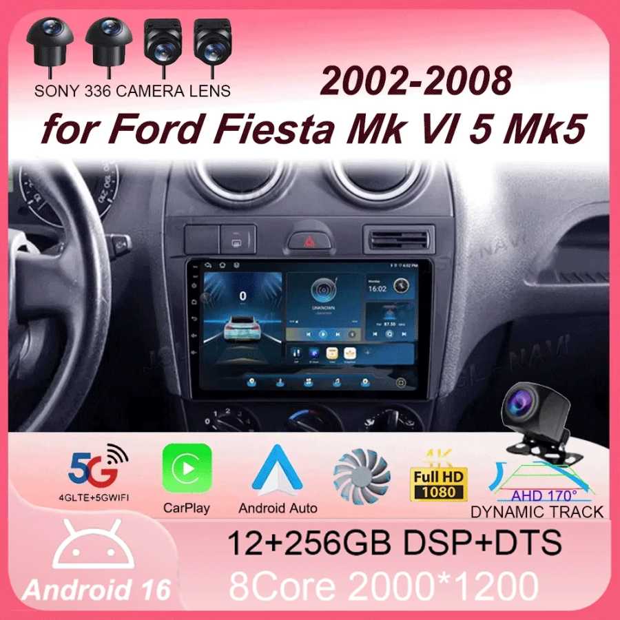 Автомагнитола Android 16 для Ford Fiesta Mk VI 5 Mk5 2002-2008, мультимедийный GPS-плеер 2 Din с DVD, Carplay, навигацией, стереосистемой, 2K QLED, 4G Автоэлектроника