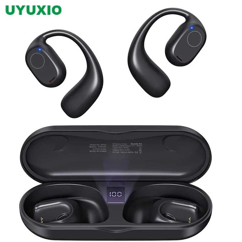 UYUXIO Наушники с открытым ухом Bluetooth 6.0 Беспроводные спортивные наушники с цифровым дисплеем 40-часовое воспроизведение Наушники для путешествий Портативное аудио и видео