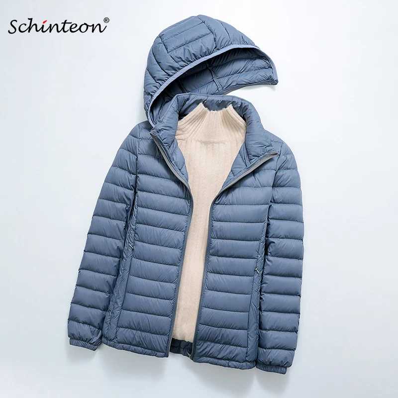 Женская ультралегкая куртка Schinteon с 90% белым утиным пухом, со съемным капюшоном, осенне-зимняя, тонкая верхняя одежда, портативная, для хранения, новинка 2026 года Пуховики