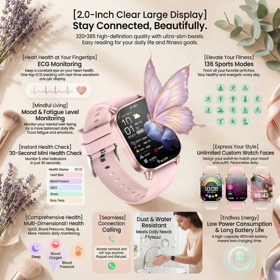 Фотография №1 товара Смарт-часы 2026 Fashion Health для женщин: AMOLED-экран 2.0 дюйма, ЭКГ,
