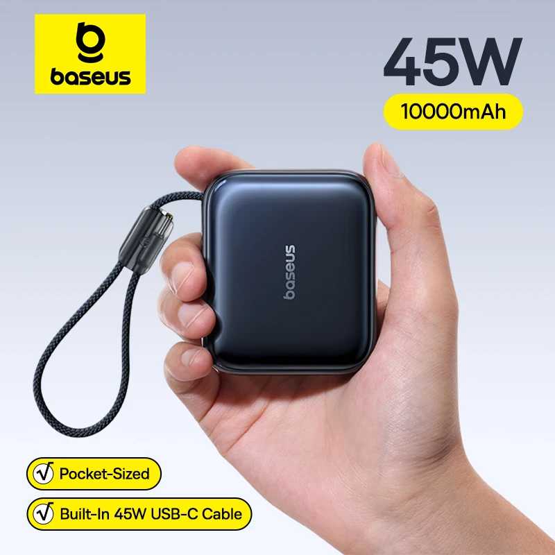 Портативный мини-аккумулятор Baseus 45 Вт, 10000 мАч, со встроенным кабелем USB-C, карманный, компактный, быстрая зарядка, для iPhone 17, Samsung S25 Аксессуары для мобильных телефонов