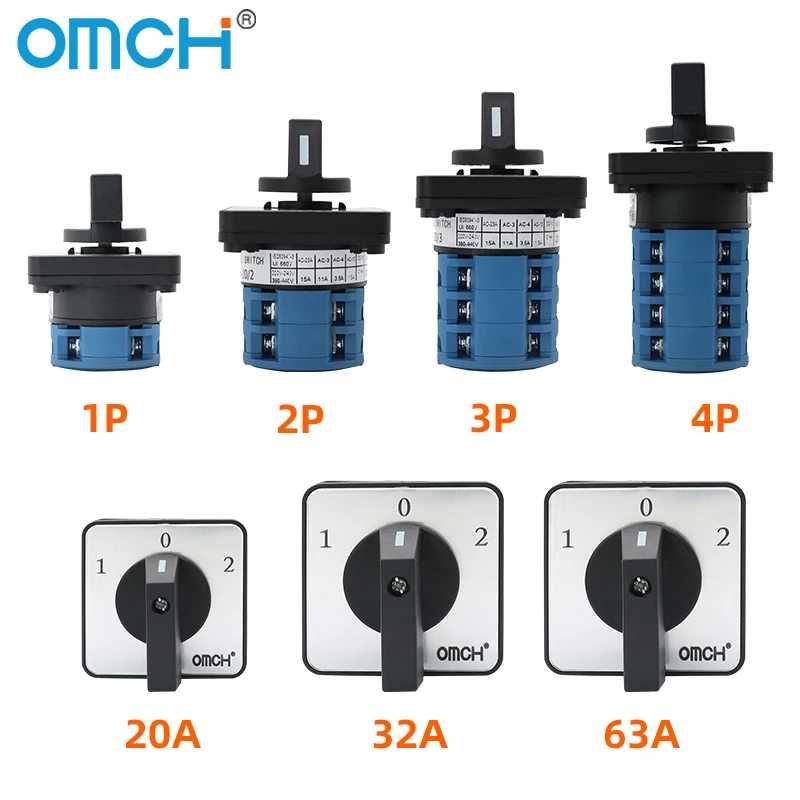 Фотография №1 товара Универсальный поворотный кулачковый переключатель OMCH LW26-20/32/63, 3 положения (1-0-2), 1/2/3/4