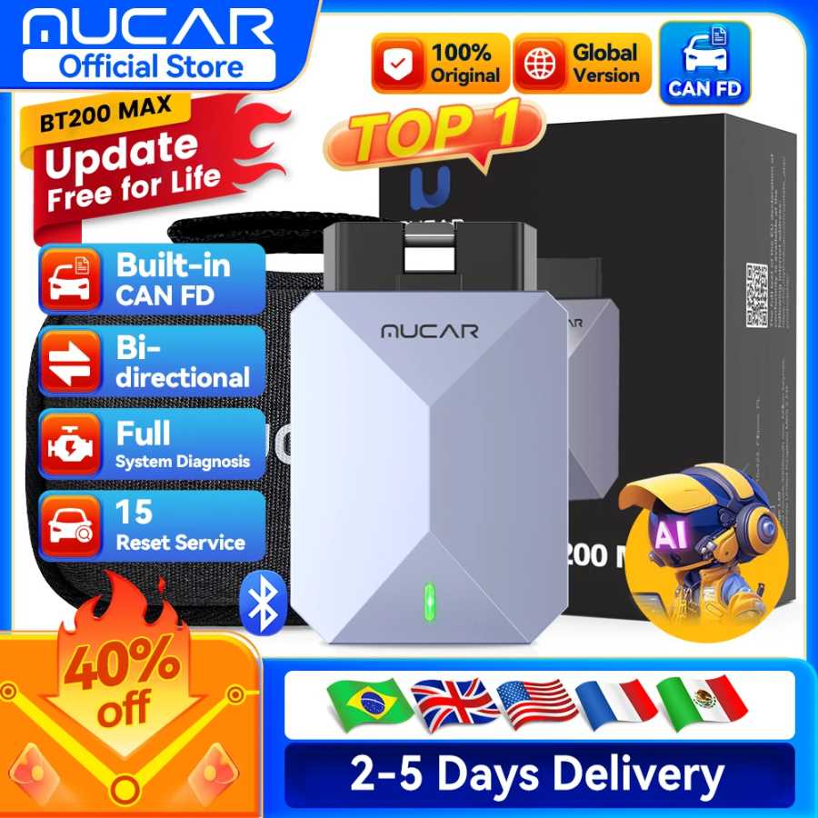 MUCAR BT200 Max OBD2 сканера Бесплатное обновление на весь срок службы, CAN FD, двунаправленное управление всеми системами, диагностический инструмент со сбросом 15 для всех автомобилей Инструмент для ремонта автомобилей