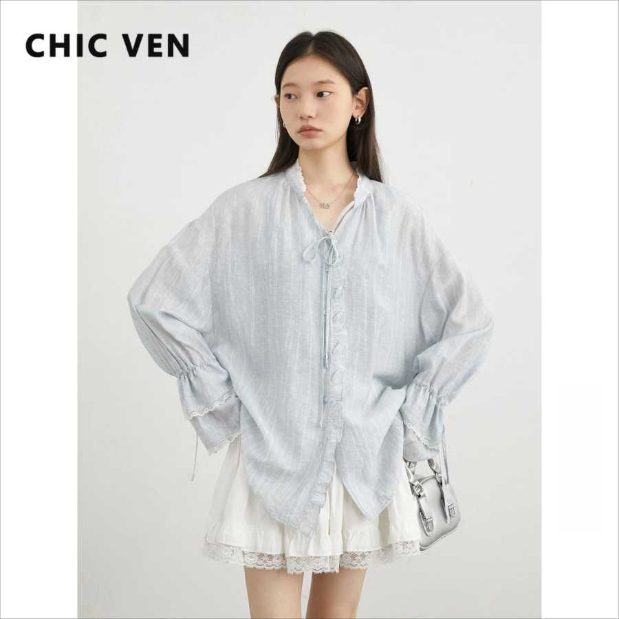 CHIC VEN женская рубашка однобортная с v-образным вырезом свободная повседневная рубашка с длинным рукавом новое пальто с воротником-стойкой женская блузка весна осень 2025 Женские топы