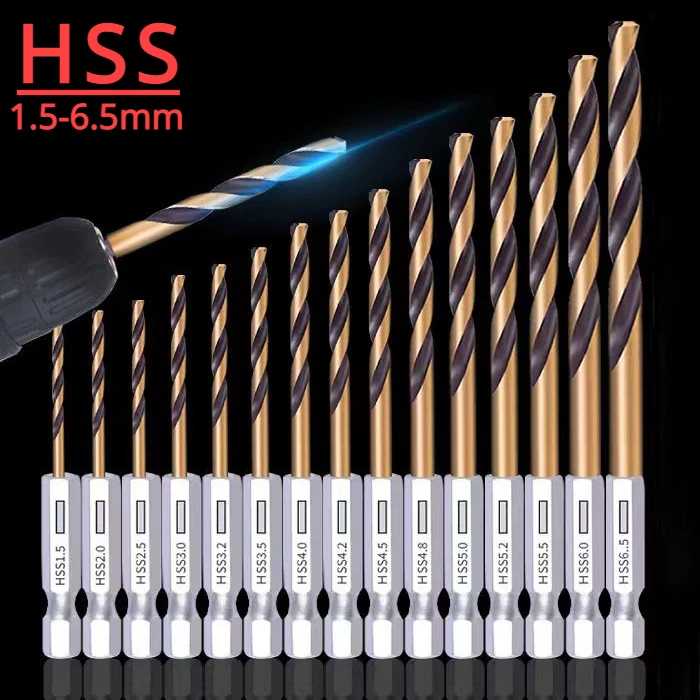 Спиральное сверло из быстрорежущей стали HSS 1/4, сменный шестигранный хвостовик, шестиугольная ручка, стальной электроинструмент с титановым покрытием 1,5 мм-6,5 мм Сверла, пилы и режущие инструменты