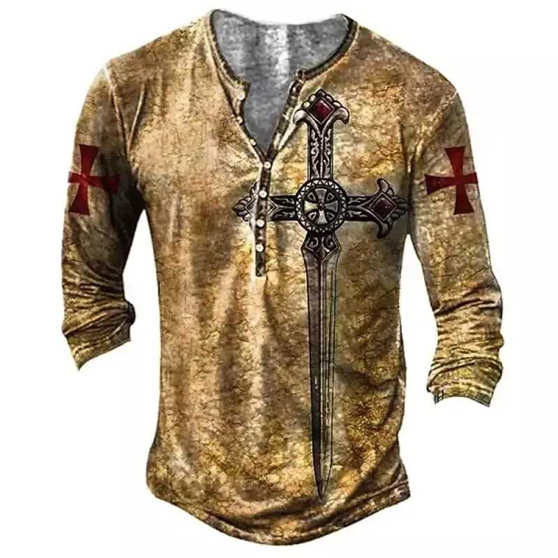 Винтажная мужская футболка с v-образным вырезом Henley 3D Cross Long Sword с длинным рукавом, футболка большого размера, мужская уличная спортивная рубашка в стиле панк Футболки и майки