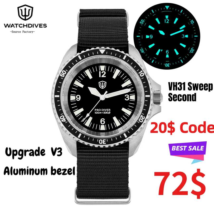 Watchdives WD1980 V3 Роскошные часы VH31 Sweep Seconds Кварцевый механизм AR Покрытие Сапфировое стекло 10 бар Водонепроницаемые мужские часы Мужские часы