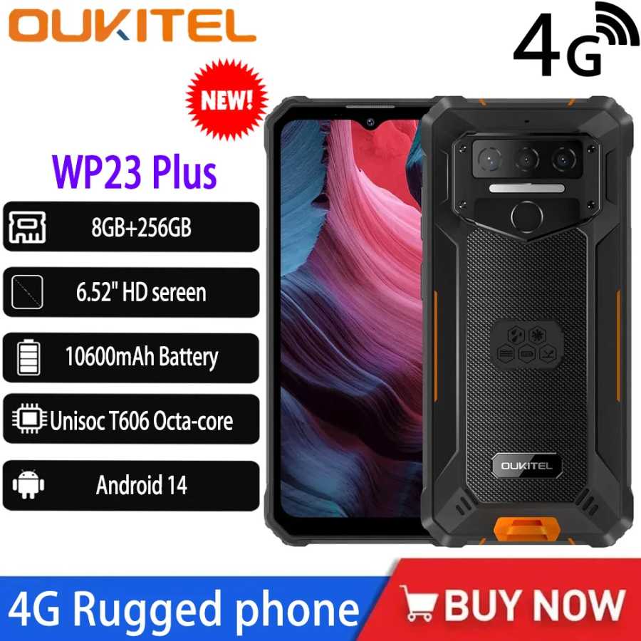 Прочный смартфон Oukitel WP23 Plus 4G Android 14 6,52 дюйма HD 8 ГБ + 256 ГБ Unisoc T606 восьмиядерный мобильный телефон 10600 мАч 13 МП NFC телефоны Мобильные телефоны