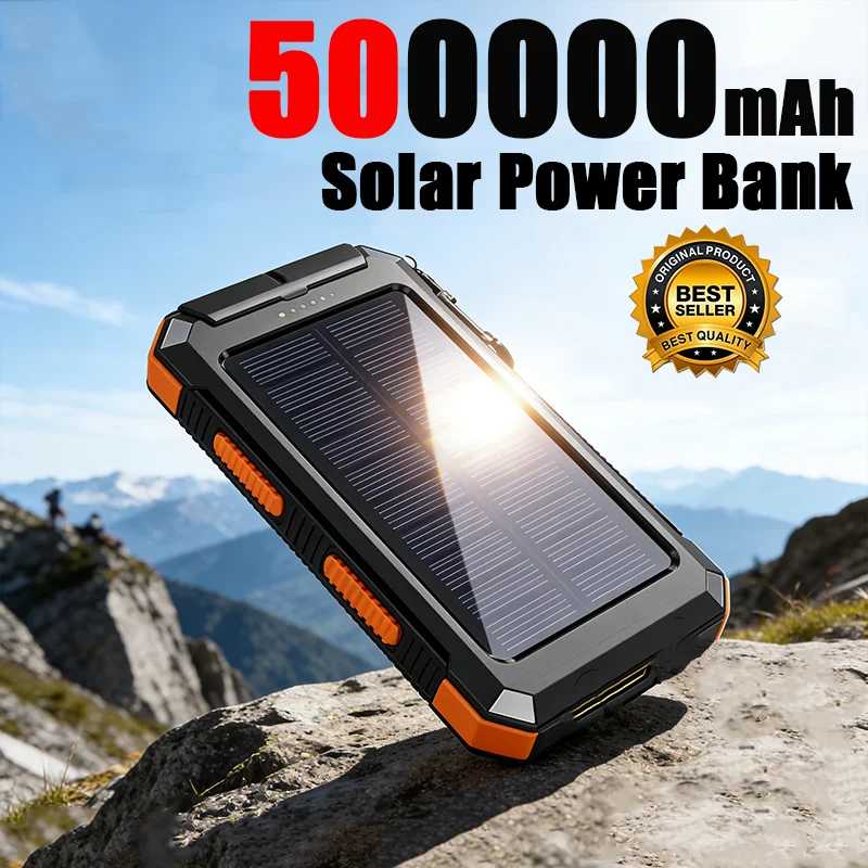 Портативный внешний аккумулятор на 500000 мАч с солнечной зарядкой, сверхбыстрая зарядка, для iPhone, Huawei, Samsung, 2026 Аксессуары для мобильных телефонов