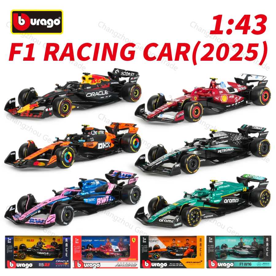 Модель автомобиля Bburago 1:43: гоночный болид Формулы-1 (2025 Ferrari SF25, RB21, W16, MCL39, AMR25, A525) &mdash; статическая имитационная литая модель из сплава Играйте в транспортные средства и модели