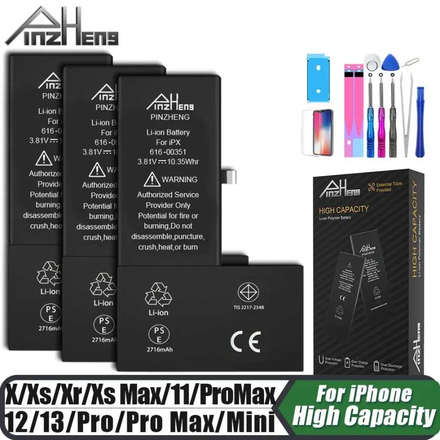 Аккумулятор PINZHENG для iPhone X XR XS 11 12 13 Mini Max Pro Promax, настоящая сменная батарея большой емкости, гарантия один год Детали для мобильных телефонов
