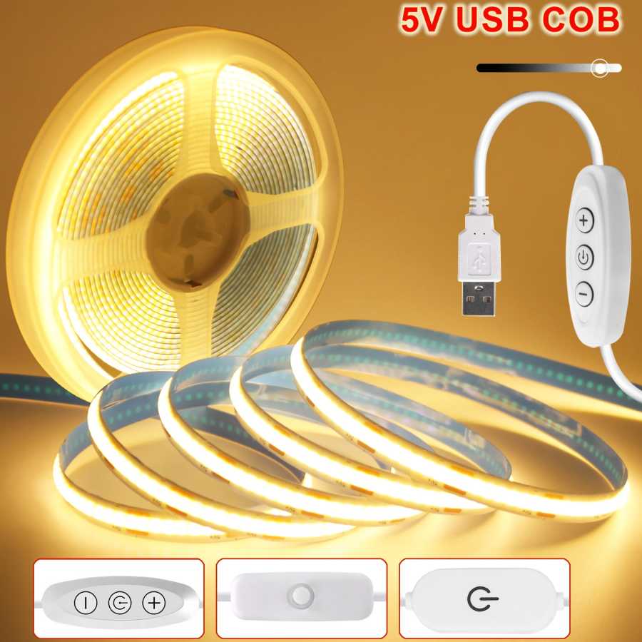 Приглушаемая Светодиодная лента COB, Светодиодная гибкая лента 5 в USB с переключателем ВКЛ./ВЫКЛ., 320 светодиодов, линейное освещение высокой плотности с клейкой лентой Светодиодная подсветка