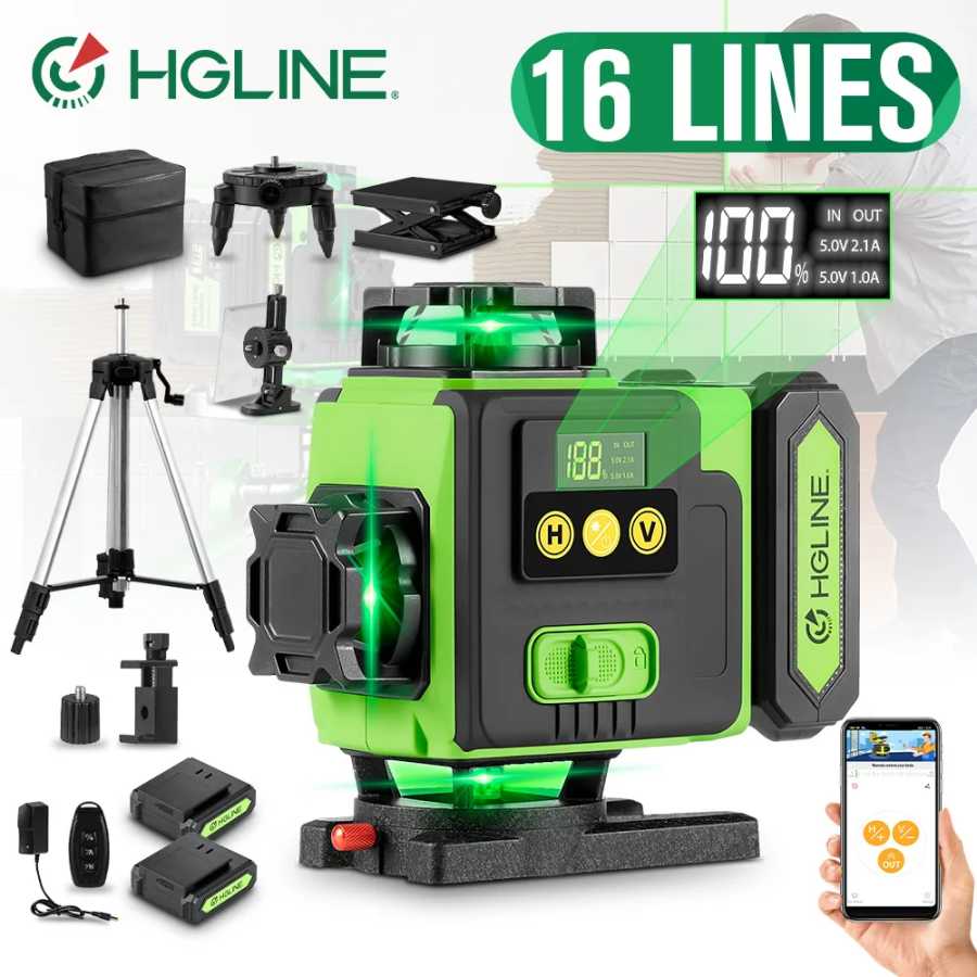 Лазерный уровень HGLINE 16 линий 4D с дистанционным управлением через приложение, перезаряжаемый, самовыравнивающийся, 360&deg; зеленая линия, аккумулятор Li-ion 6000 мАч Инструменты для измерения и анализа